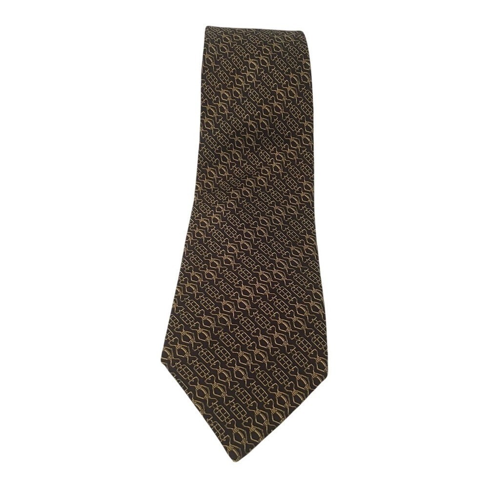 Lanvin Paris Silk Tie Mens Brown Gold Geometric Chain Pattern Luxury Necktie